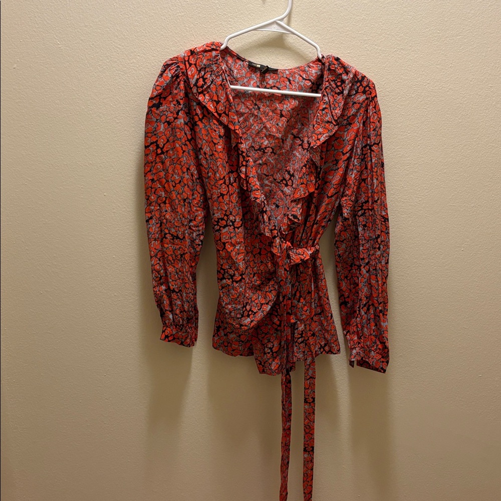 Maje red leopard tie blouse